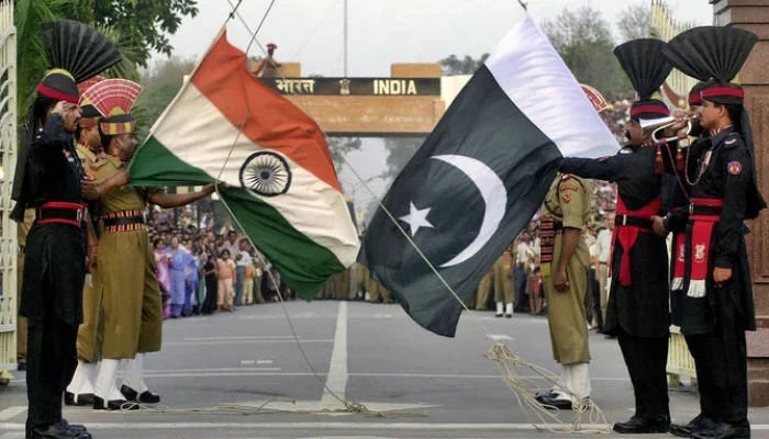 A photograph of Pakistani and Indian soldiers standing at the Wagah border. — AFP/File